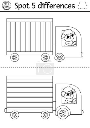 Find differences game for children. Transportation line educational black and white activity with cute truck with driver. Cute puzzle for kids with transport. Printable worksheet or coloring page