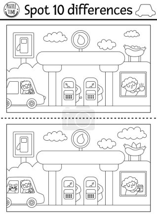 Find differences game for children. Transportation educational black and white activity with cute car, driver, filling station, cafe. Cute coloring page for kids with transport. Printable workshee
