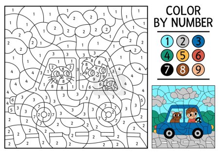 Vector transportation color by number activity with boy driving a car with passenger cat. City transport scene. Black and white counting game with automobile. Coloring page for kids with man drive