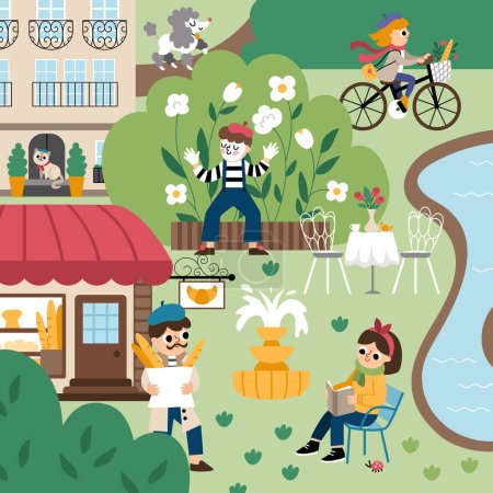 Vector Paris landscape illustration. French capital city scene with people, animals, sights, traditional building, bakery. Cute France square background with river, park, mime, man, baguett