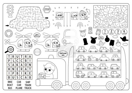 Illustration for Vector transportation placemat. Transport line printable activity mat with maze, word search puzzle, shadow match, find difference. Black and white play mat, menu, coloring page with car - Royalty Free Image