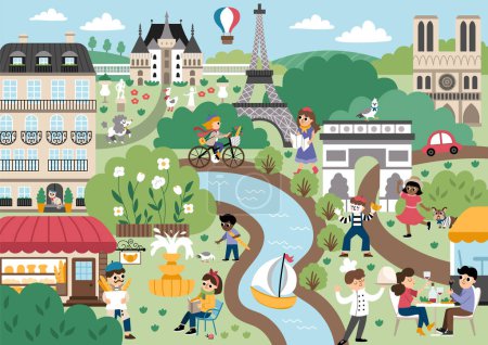 Illustration for Vector Paris landscape illustration. French capital city scene with people, animals, sights, buildings, Eiffel tower, bakery. Cute France background with river, field, park, castle, palac - Royalty Free Image