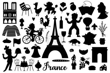 Illustration for Vector French silhouettes set. France black icons collection with funny Eiffel tower, Notre dame, people, animals, croissant, baguette. Cute touristic shadow illustrations with traditional symbols - Royalty Free Image