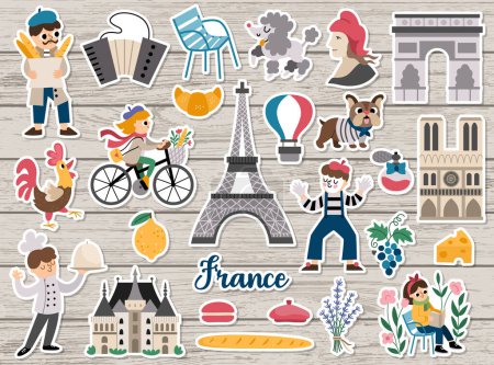 Illustration for Big vector French stickers set. France patches icons collection with funny Eiffel tower, Notre dame, people, animals, croissant, baguette. Cute touristic illustrations on wooden background - Royalty Free Image