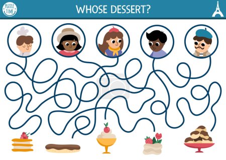 Illustration for France maze for kids with people and traditional French desserts. Preschool printable activity. Labyrinth game or puzzle with eclair, mousse, profiterole, merengue. - Royalty Free Image