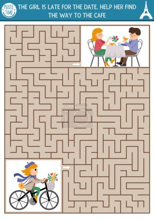 Illustration for France maze for kids with girl riding bike. French preschool printable activity. Labyrinth game or puzzle with man and woman on date, drinking coffee with croissants in caf - Royalty Free Image