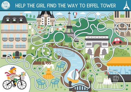 Illustration for France maze for kids with Paris scene, woman riding bike through the city. French preschool printable activity. Labyrinth game or puzzle with sightseeing. Help the girl get to Eiffel Towe - Royalty Free Image