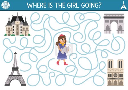 Illustration for France maze for kids with tourist girl and Paris places of interest. French preschool printable activity. Labyrinth game or puzzle with sightseeing, Eiffel Tower, castle, Notre Dame, Triumphal Ar - Royalty Free Image