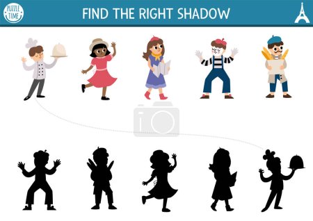 Illustration for France shadow matching activity. Puzzle with French people. Find correct silhouette printable worksheet. Funny page for kids with mime, chef, man with baguette, girl with ma - Royalty Free Image