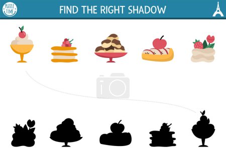 France shadow matching activity. Puzzle with traditional French desserts. Find correct silhouette printable worksheet. Funny page for kids with eclair, profiterole, merengue, mouss