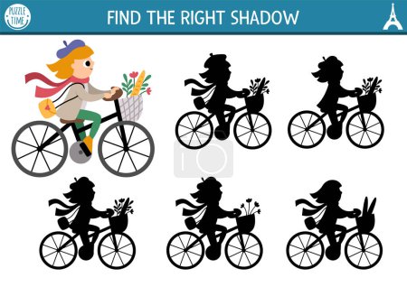 France shadow matching activity. Puzzle with girl riding a bike with basket with baguette and flowers. Find correct silhouette printable worksheet. Funny French page for kid