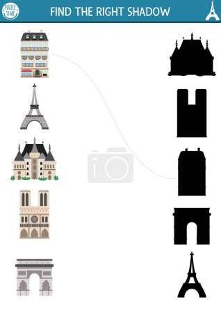 Illustration for France shadow matching activity. French puzzle with Eiffel Tower, castle, Notre Dame, Triumphal arch. Find correct silhouette printable worksheet. Funny page for kids with traditional places of interes - Royalty Free Image