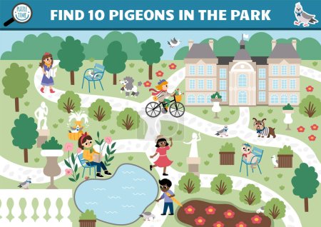 Illustration for Vector French searching game with city landscape, park, people, animals. Spot hidden pigeons in the picture. Simple France seek and find educational printable activity for kid - Royalty Free Image