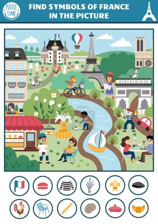 Illustration for Vector French searching game with Paris city landscape, park, people, animals. Spot hidden objects in the picture. Simple France seek and find educational printable activity for kid - Royalty Free Image