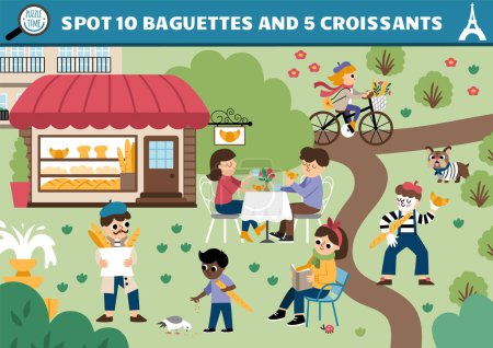 Illustration for Vector French searching game with city landscape, bakery, people, animals. Spot hidden baguettes and croissants in the picture. Simple France seek and find educational printable activity for kid - Royalty Free Image