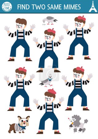 Find two same mimes. Matching activity for children with French traditional street artist in beret and animals. France educational quiz worksheet for kids for attention skills. Simple printable gam