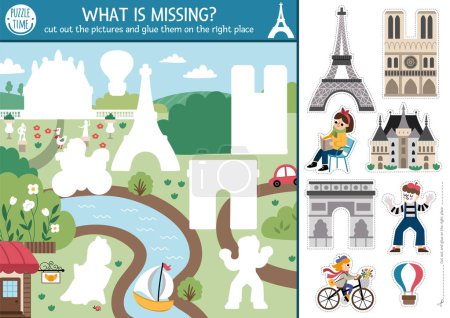 Illustration for Vector France cut and glue activity. Crafting game with cute Paris city landscape, people, Eiffel Tower. Fun printable worksheet for kids. Find the right piece of the puzzle. Complete the pictur - Royalty Free Image