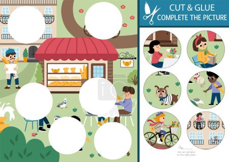 Illustration for Vector France cut and glue activity. Crafting game with cute Paris city landscape, people, bakery. Fun printable worksheet for kids. Find the right piece of the puzzle. Complete the pictur - Royalty Free Image