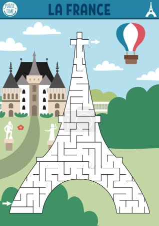 Illustration for Maze for kids with Eiffel Tower. French preschool printable activity for children with main Paris landmark. Geometric labyrinth game or puzzle with France place of interest, scene, castl - Royalty Free Image