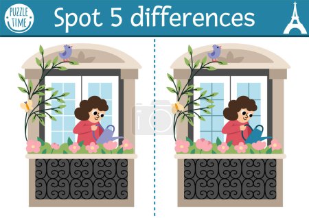 Find differences game for children. Educational activity with cute girl watering flowers on the balcony. Puzzle for kids with funny French character. Printable worksheet or page with France symbo