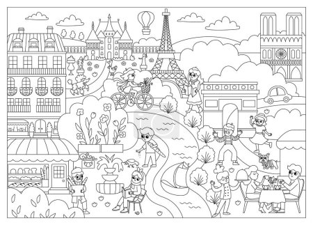 Illustration for Vector Paris black and white landscape illustration. French capital city scene with people, animals, sights, buildings, Eiffel tower, bakery. Cute France line background with river, field, par - Royalty Free Image