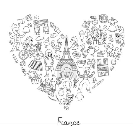 Marco francés en forma de corazón blanco y negro vectorial con personas, animales, torre Eiffel, símbolos tradicionales. Diseño de plantilla de tarjeta de Francia turística. Lindo línea ilustración o colorear pag