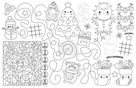 Vector kawaii Christmas placemat for kids. Winter holiday printable activity mat with maze, tic tac toe chart, connect the dots, find difference. Black and white winter play mat or coloring pag