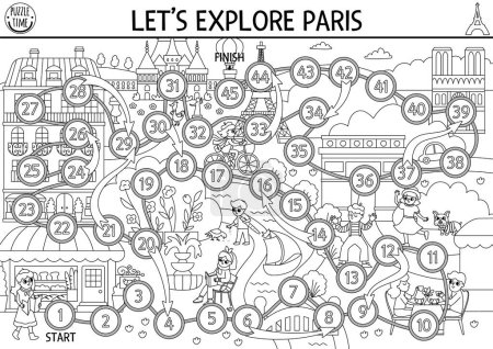 Ilustración de Francia dados en blanco y negro juego de mesa para niños con Torre Eiffel, castillo. Línea francesa boardgame con símbolos tradicionales. Actividad turística imprimible o pag colorante - Imagen libre de derechos