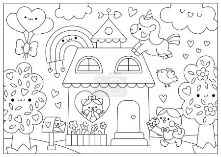 Vektor schwarz-weiße Valentinstag-Szene mit Katzenfamilie, Einhorn, Regenbogen, Haus. Niedliche kawaii skizzieren Illustration mit Liebe Konzept. Gartenlandschaft mit Herz. Malseite für Kinder