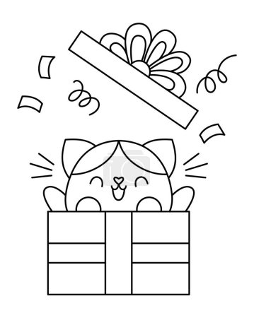 Vector black and white kawaii cat getting out of the present box. Line kitty isolated clipart. Cute kitten illustration. Funny Saint Valentine day coloring page for kids with love or surprise concep