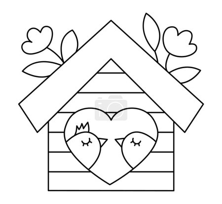 Illustration for Vector black and white kawaii bird house with pair of birds in heart. Cute Saint Valentine or spring illustration. Funny coloring page for kids with love or perfect match or pair concep - Royalty Free Image