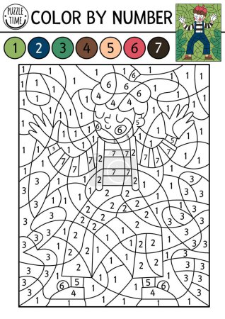Illustration for Vector France themed color by number activity with mime. French character scene. Black and white counting game with cute clown in beret and stripy shirt. Coloring page for kid - Royalty Free Image
