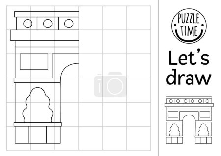 Illustration for Complete Triumphal arch. Vector France themed symmetrical drawing practice worksheet. Printable black and white activity for kids. Copy the picture French coloring page with Paris landmar - Royalty Free Image