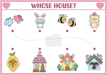 Saint Valentine matching activity for children with kawaii characters and their homes. Fun love holiday puzzle with cute cat, birds, bunny, bumblebee. Printable worksheet or game for kids. Whose hous