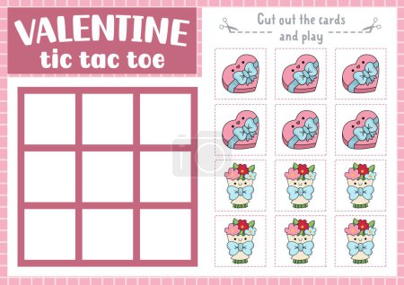Vector Saint Valentine tic tac toe chart with flower bouquet and sweet box. Kawaii board game playing field with cute characters. Funny love holiday printable worksheet. Noughts and crosses grid