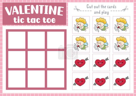 Illustration for Vector Saint Valentine tic tac toe chart with cupid and heart with arrow. Kawaii board game playing field with cute characters. Funny love holiday printable worksheet. Noughts and crosses grid - Royalty Free Image