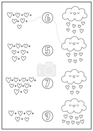 St. Valentine schwarz-weiß passendes Spiel mit niedlichen Kawaii-Wolken, die mit Herzen regnen. Liebe Ferien Linie Mathe-Aktivität für Vorschulkinder. Bildungstabelle Zählblatt, Färbung pag