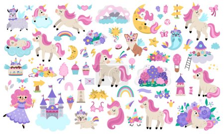 Vector unicorns set. Big collection with fairytale characters, fairy, animals with horns, castle on cloud, rainbow, falling stars, crystals, sweets. Fantasy world clip art elements. Magic icons pac