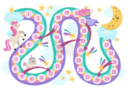 Ilustración de Unicornio dados juego de mesa para niños en forma de arco iris. Cuento de hadas boardgame con animales de fantasía lindo, deslizamiento de hadas hacia abajo, la luna, estrellas que caen. Mundo mágico imprimible actividad u hoja de trabajo - Imagen libre de derechos