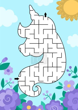 Téléchargez les illustrations : Labyrinthe géométrique licorne pour les enfants. Activité imprimable préscolaire de conte de fées en forme de tête de cheval sur fond de jardin printanier avec fleurs violettes, soleil, ciel bleu. Jeu de labyrinthe magique ou fantastique perplexe - en licence libre de droit