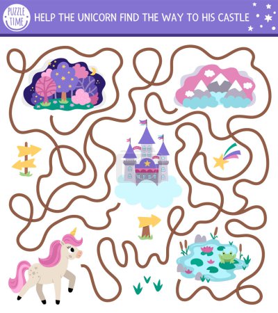 Unicorn maze for kids with fantasy horse with castle, magic forest, mountains, lake. Magic world preschool printable activity with nature scenes. Simple fairytale labyrinth game or puzzl