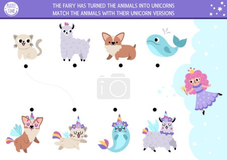 Unicorn matching activity with cute fantasy creatures with horns. Funny fairytale puzzle with cat, dog, whale, llama. Match the animals game or printable worksheet. Magic world match up pag