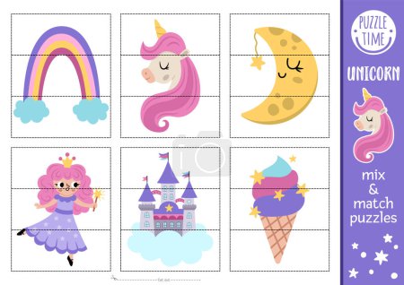 Vector unicorn mix and match puzzle with cute fairy, half-moon, castle, ice-cream. Matching fairytale activity for preschool kids. Magic, fantasy world educational printable gam