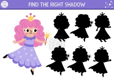 Shadow matching activity with little fairy in purple dress. Magic world puzzle with cute character. Find correct silhouette printable worksheet, game. Fairytale page for kids with little unicorn princes