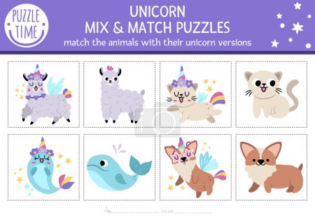 Vector mix and match puzzle with cute animals turned into unicorns. Matching fairytale activity for preschool kids. Magic, fantasy printable game with cat, corgi dog, llama, rainbow, narva