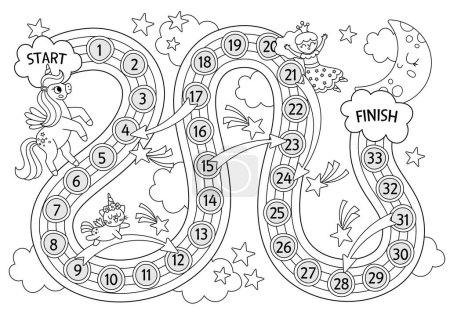 Ilustración de Unicornio juego de mesa de dados en blanco y negro para niños en forma de arco iris. Línea de cuento de hadas boardgame con animales de fantasía, hadas, luna, estrellas. Mundo mágico imprimible actividad, hoja de trabajo, página para colorear - Imagen libre de derechos