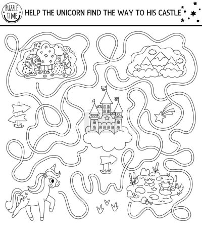 Unicorn black and white maze for kids with fantasy horse, castle, magic forest, mountains, lake, nature scenes. Magic world line printable activity. Fairytale labyrinth game, puzzle, coloring pag