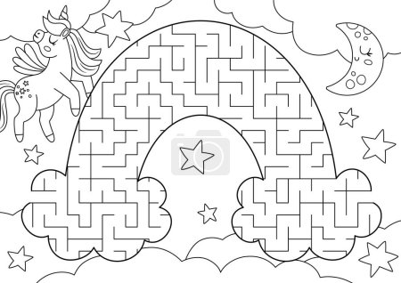 Téléchargez les illustrations : Labyrinthe géométrique noir et blanc licorne pour les enfants. Ligne de conte de fées activité imprimable préscolaire en forme d'arc-en-ciel. Jeu de puzzle ou de coloriage labyrinthe magique ou fantastique avec étoiles, nuages, demi-lune - en licence libre de droit