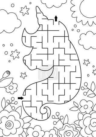 Téléchargez les illustrations : Labyrinthe géométrique noir et blanc licorne pour les enfants. Ligne de conte de fées activité imprimable préscolaire en forme de tête de cheval avec des fleurs de jardin, soleil, ciel. Magie ou fantaisie labyrinthe puzzle jeu, coloriage pag - en licence libre de droit