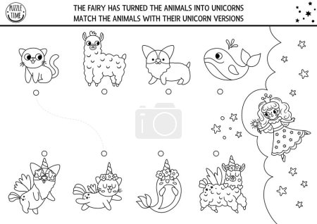 Unicorn black and white matching activity with fantasy creatures with horns. Fairytale puzzle with cat, dog, llama. Match the animals game or printable worksheet. Magic match up coloring pag